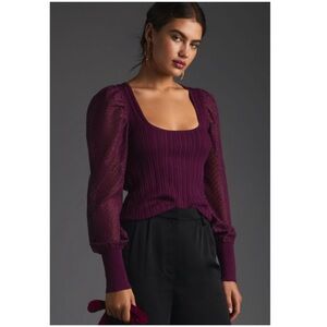 New By Anthropologie Puff-Sleeve Shimmer Sweater Plum Purple Large Petite Anthro